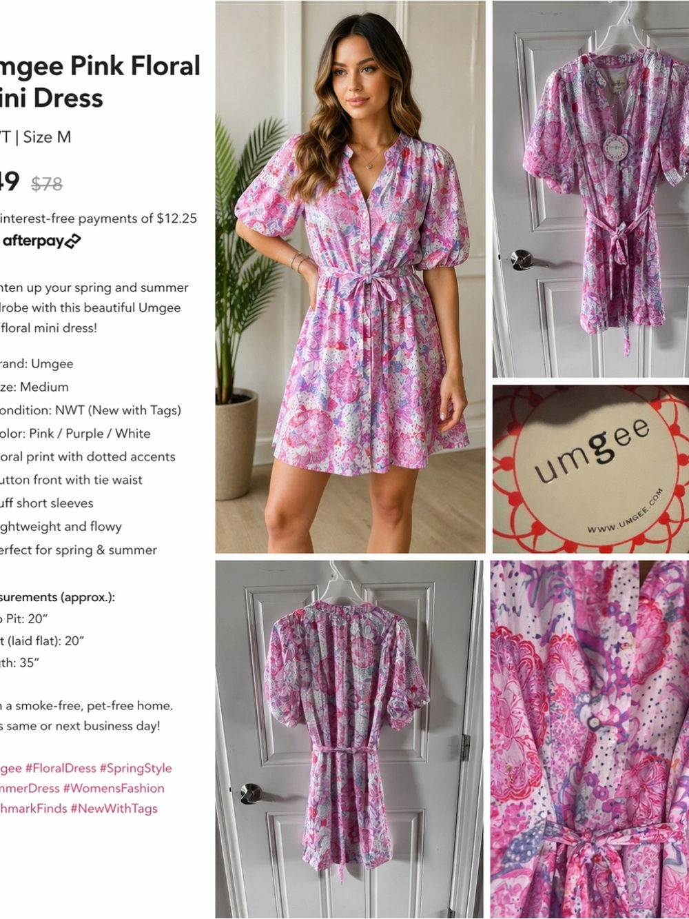 Umgee Pink Floral Spring/Summer mini dress.